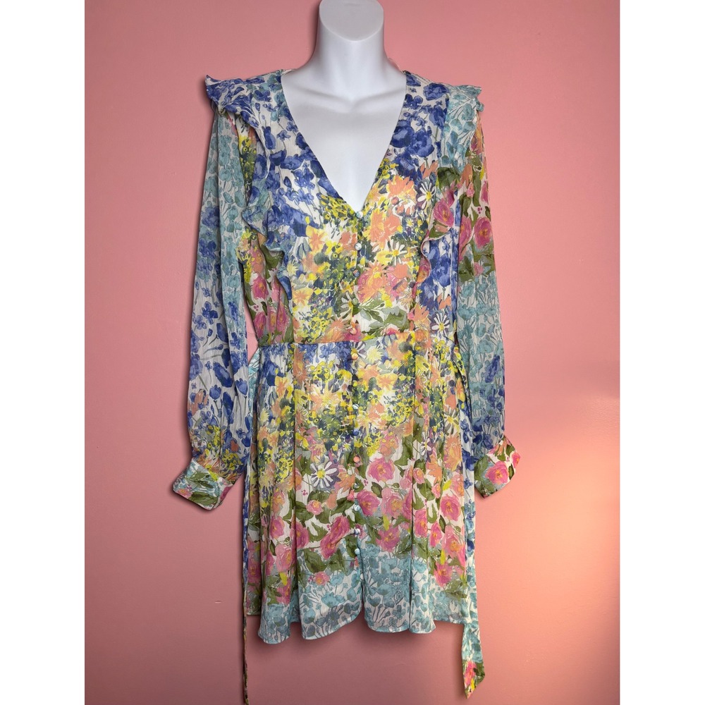 Zara Floral Ruffle Mini Dress Women Large Multicolor Good V-Neck Tie Waist